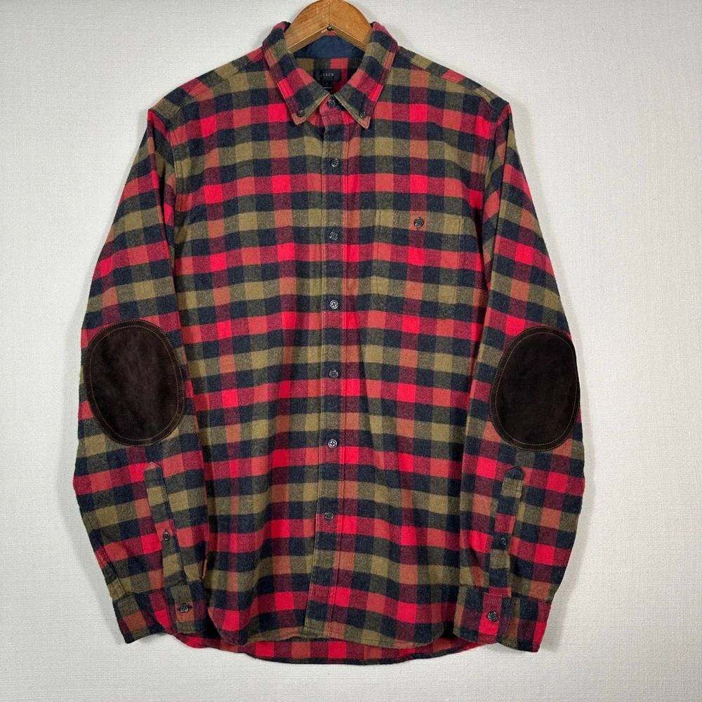 J. Crew Flannel Shirt Mens Large Red Plaid Excellent Cotton Wool Elbow Patches